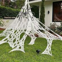 1 Set Giant White Spider Web Horror House, Prank Props, Halloween Decorations, Made Of Durable Polyester, Showcasing Dark Horror Style. UnAsymmetricalgular Perforated Design, Paired With Fake Spiders (Spiders Not Included), Comes With Ground Stakes For Outdoor Lawn, Porch, Etc. Outdoor Decor To Create A Terrifying Atmosphere.