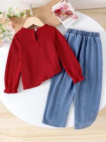 مجموعة من قطعتين: ملابس علوية بأكمام طويلة جميلة مزينة بفيونكة وبنطال جينز للفتيات الصغيرات، ملائمة لفصلي الربيع والخريف - الأحمر - مشاهدة 2