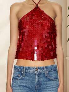 Women Sparkly Sequins Tank Tops Tie-Up Halter Neck Vests Summer Sleeveless Crop Tank Vest Tops - 紅色 - 查看 5