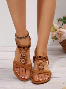 Fashion Round Toe Flat Sandals With Beaded Decor, Minimalist Vintage Casual Beach Sandals - Light Brown - View 4