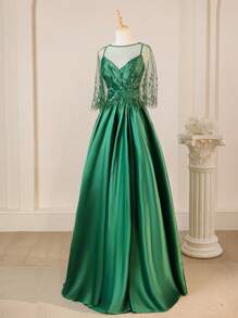Abito elegante vintage verde a ruota per la madre della sposa, con stola in pizzo e paillettes, stola inclusa