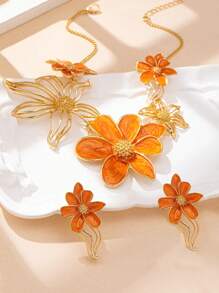 Set de 3 piezas de collar con colgante de flor esmaltada de metal elegante y juego de aretes, adecuado para atuendo diario y festivo de damas, regalo