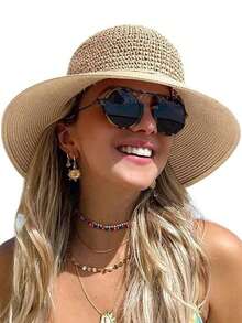 女士宽檐手工草帽，透气可折叠便携防晒沙滩帽，UPF - 彩色 - 查看 1