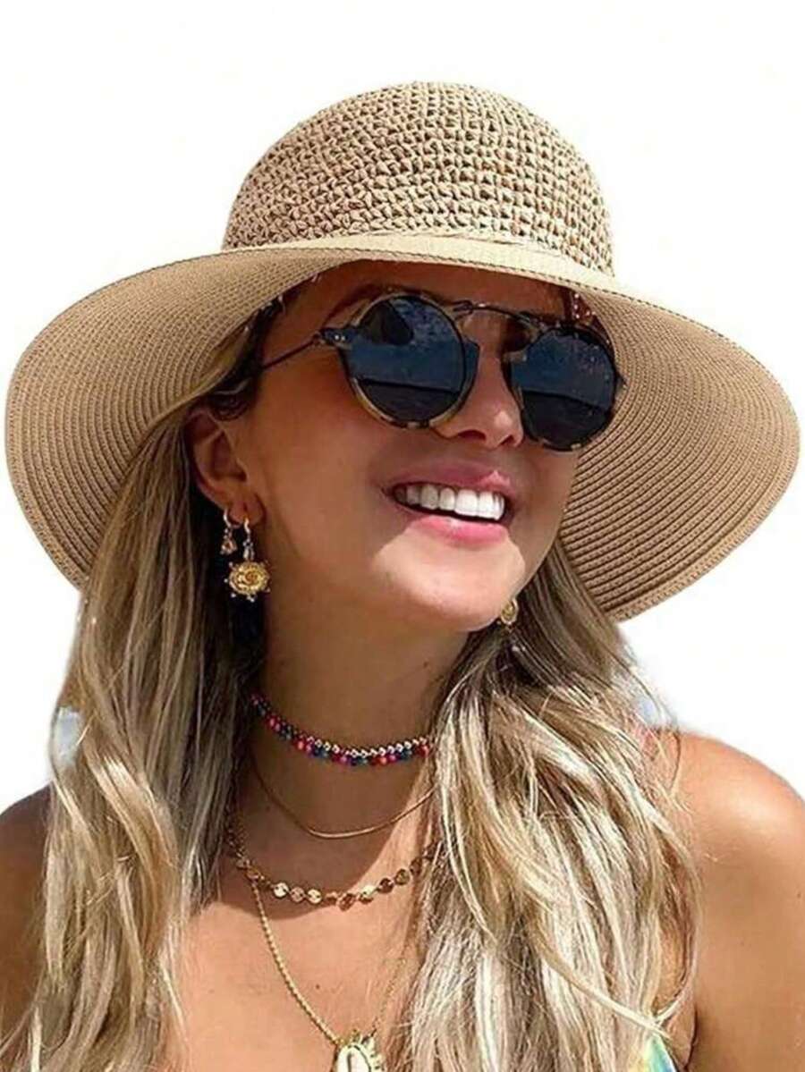 女士宽檐手工草帽，透气可折叠便携防晒沙滩帽，UPF - 彩色 - 查看 1