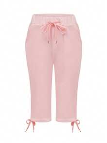 Pantalones capri de mujer con cintura media, cordón y bolsillos, estilo casual, primavera/verano - Rosa - Ver 2