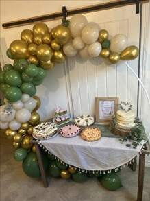 150pcs Elegant Balloon Garland Arch Kit In Grey, Green & Golden - Ideal For Weddings, Jungle Parties, Graduations & Gender Reveals - Includes White Sand Chrome Plated Metallic Balloons
