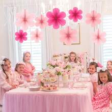 9 piezas- Decoraciones de papel, Set de 9 - Decoraciones colgantes de flores rosas, abanicos de fiesta y fondos florales para bodas, cumpleaños, decoración interior de sala de estar y dormitorio