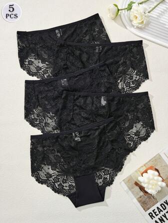 5Pcs Plain Black Elegant Lace High Waist Women's Briefs, Sexy Women's Lingerie Sheer Knit Fabric, Comfortable Skin-Friendly Lingerie, Polyamide 90% Elastane 10%