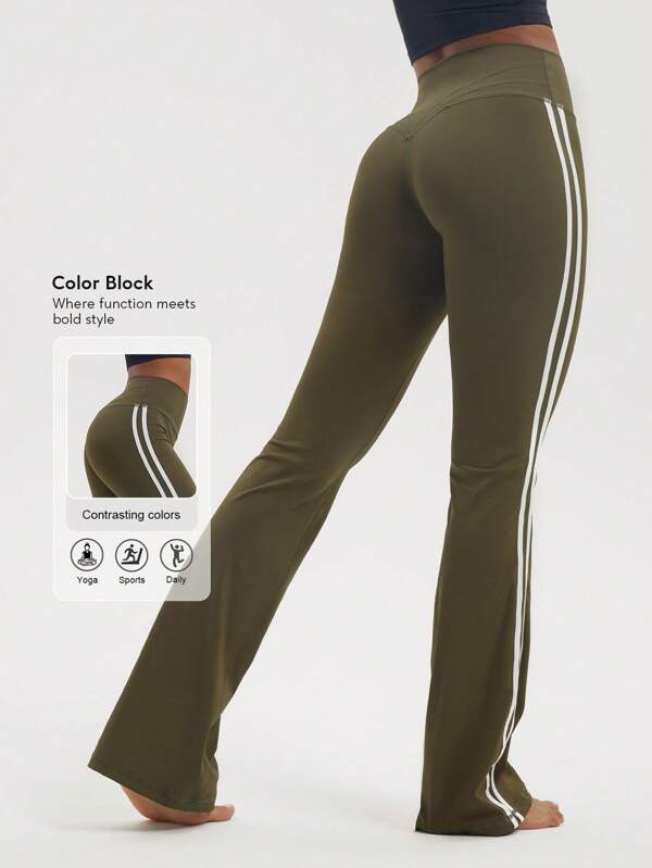 Sodalemon Pantaloni evazați de yoga pentru femei, stil streetwear, sport, stil cargo, cu bandă țesută, stil Blockcore Sport, cu dungi laterale, model patchwork