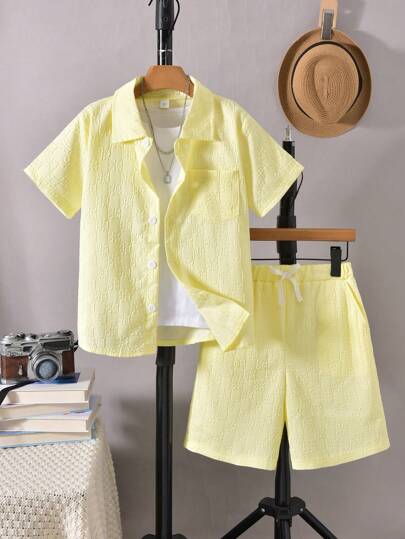 Vihyde Ținută casual de sărbătoare pentru preadolescenti, cămașă cu mânecă scurtă și pantaloni scurți din material embosat 3D