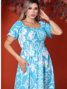 WOMEN'S LONG MIDI DRESS WITH PUFFED SLEEVES, RUFFLED, OFF-THE-SHOULDER, TRES MARIAS FLORAL - Celeste - Ver 2