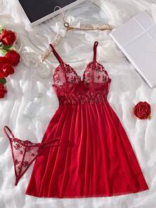 ROMWE Kawaii Damen einfarbiges Mesh-Kontrast-Spitzen-durchsichtiges sexy Camisole Nachthemd, Rave - Bordeaux - Übersicht 2