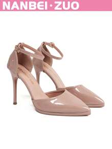 NANBEI ZUO NANBEI ZUO Women's Plus Size Glossy Pointed Toe Ankle Strap Thin High Heel Shoes, Black/White/Apricot, Fashionable Minimalist High-End Elegant Versatile Street Style Elegant European And American Vibe High Heels For Work, Interview, Formal, Party, Wedding, Birthday Gift, Date, Vacation, Comfortable And Breathable