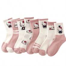 Sanrio 1/2/4/8Pairs Sanrio Random Shipping Sanrio Hello Kitty Kuromi Melody Cartoon Anime Pattern Children's Mid-Length Socks,Spring And Summer Sports Socks, Breathable, Odor Proof, And Sweat Absorbing Socks Suitable For Ages 9-25.