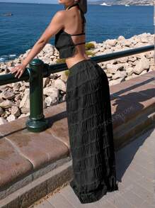 Conjunto de vestido maxi con volantes de gasa de color albaricoque, con encaje y espalda descubierta - Elegante conjunto romántico de 2 piezas