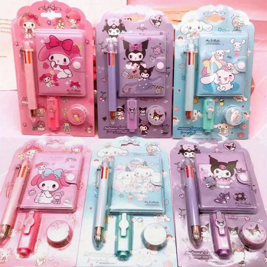 Sanrio Conjunto de papelaria Sanrio Hello Kitty & Friends - 1 peça - Mini bloco de notas pautado com caneta marca-texto e fita adesiva, presente perfeito para estudantes, Kuromi, coisas da Kuromi, brinquedos, volta às aulas