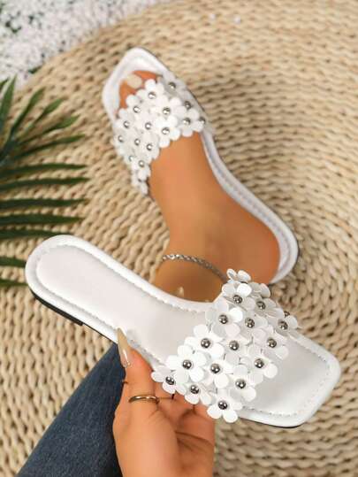 Neue europäische und amerikanische Art Frauen Quadratische Zehenkappe Flache Kristallriemen Lässig Sandalen, Outdoor Mode Rutschfeste Große Größen Strand Pantoffeln