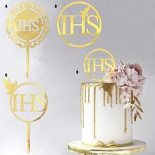1pc/3pcs/5pcs Gold IHS Baptism First Communion Cake Topper For Communion Party Supplies Cake Decorations - Gold - View 1
