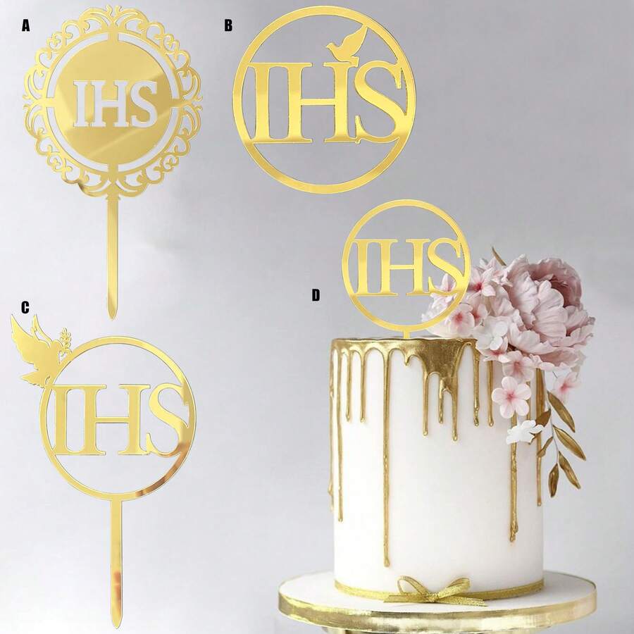 1pc/3pcs/5pcs Gold IHS Baptism First Communion Cake Topper For Communion Party Supplies Cake Decorations - Gold - View 1