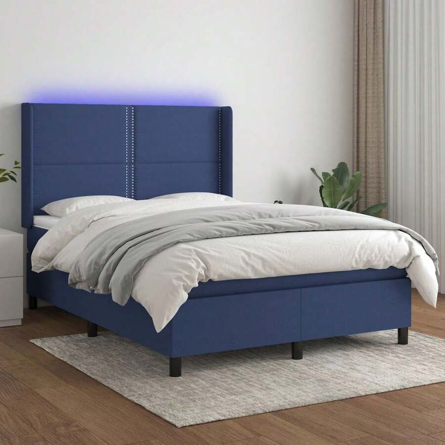 vidaXL Box Spring With Mattress And LED Fabric Blue 140x190 Cm