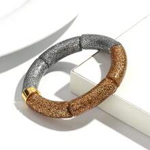 1pc Fashionable Acrylic Expandable Bangle Bracelet With Shiny Metallic Glitter, Suitable For Women Daily Wear And As Gifts - Gold and Silver Powder Curved Tube Bracelet - View 18