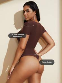 1pc Women's Waist Cinching Seamless Bodysuit, Black Round Neck Short Sleeve Sexy Thong Shapewear
