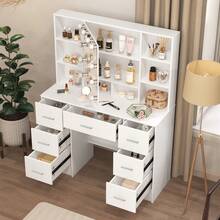 Large Vanity Table, 39.37" Makeup Vanity With Mirror And Lighting, Dressing Table With 7 Drawers, 4 Shelves, 1 Stool, 3 Color-Adjustable Makeup Mirrors, Desk Set For The Bedroom, White - 白色 - 查看 2