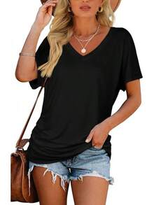 Womens Short Sleeve Dolman Tops With Side Shirring Loose Fit Shirts - Black - View 2