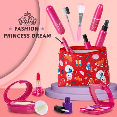 Kids Pretend Makeup Set Toy, Girls Handbag With Silicone Lipstick, Nail Polish, Eyeshadow, Makeup Sponge, Real Simulation Dress Up Playset (No Liquid, Powder, Color Or Scent, Plastic & EVA Material)