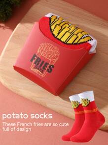 1 par de calcetines con diseño de patatas fritas para hombres, interesantes, cómodos, adecuados para verano y todas las estaciones. Aplicable para regalos del Día de la Madre/Día del Padre/Pascua/Vuelta al cole, personalizados y coloridos, mejorando la atmosfera familiar. Calcetines de moda y creativos, adecuados para regalos festivos, casual, académicos, de negocios, retro de calle, simple de vacaciones, gimnasio, reuniones familiares, viajes, vacaciones al aire libre, oficina de fin de semana, calcetines suaves y cómodos para regalar.