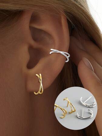 1 PC 925 Sterling Silver Cross-Shaped Line Stud Earring Hypoallergenic Statement Earring For Women
