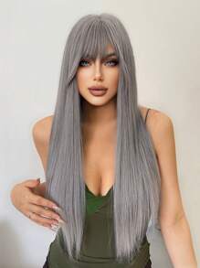 1-Piece Synthetic Heat Resistant Straight Hair With Bangs Princess Cut Wine Cyan Or Grey 26 Inch Fully Machine Woven Daily Natural Realistic Wig