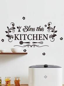 1pc Creative English Letters Flower Kitchenware Decoration Kitchen Background Wall Stickers Durable Waterproof PVC Stickers Self-Adhesive And Easy To Peel Suitable For Kitchen Dining Room Living Room Wall Decoration Home Decoration Make Your Life A New Holiday Decoration Stickers Birthday Graduation Gifts
