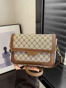 时尚休闲百搭大容量双层单肩斜挎包，复古设计高品质按扣小方包，女士 - 灰色 - 查看 5