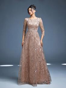 Mgiacy New Arrival Round Neck Evening Gown Dress Sequin Contrast Lace Belt Mgiacy-Classy A-Line Dress
