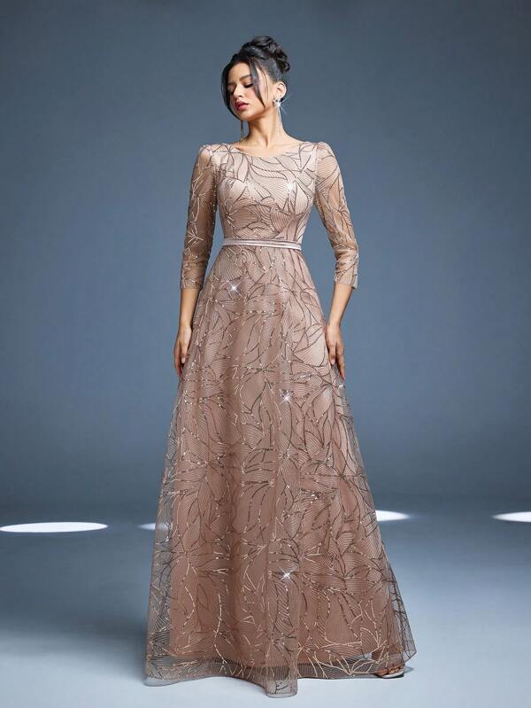 Mgiacy New Arrival Round Neck Evening Gown Dress Sequin Contrast Lace Belt Mgiacy-Classy A-Line Dress