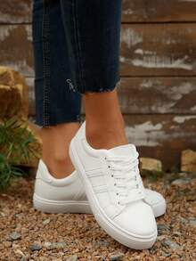 Women's New Black Round Toe Non-Slip Lace Up Flat Casual Sneakers, Available In White, Black, Blue Or Multicolor, Suitable For Spring & Autumn
