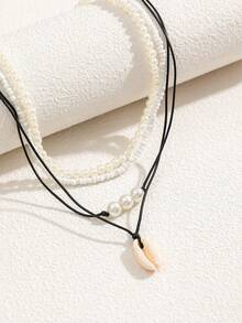 4pcs Bohemian Beach Shell Necklaces With Beaded Ropes & Faux Pearl Shell Pendants For Women - Multicolor - View 3