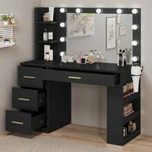 Large Vanity Desk With Large Lighted Mirror 11 Lights Makeup Vanity Table With 4 Drawers & 3 Storage Shelves, Makeup Vanity Desk, Vanity Table Set For Bedroom Black - 黑色 - 查看 1