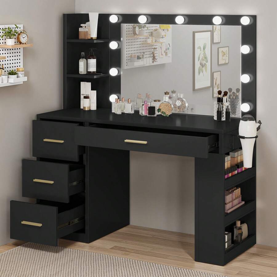 Large Vanity Desk With Large Lighted Mirror 11 Lights Makeup Vanity Table With 4 Drawers & 3 Storage Shelves, Makeup Vanity Desk, Vanity Table Set For Bedroom Black - 黑色 - 查看 1