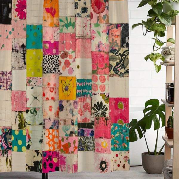 1/4 Pcs Vintage Floral Print Patchwork Fabric Shower Curtain With 12 Hooks - Colorful Art Design, Polyester Material, Machine Washable, Ideal For Bathroom Decor Bathroom Accessories