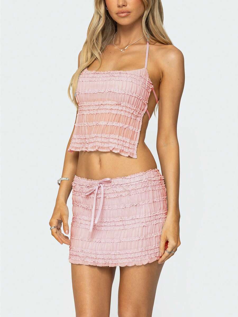 Conjunto de falda y top de verano para mujer, con top corto halter cuello moch sin espalda y falda mini acanalada, conjunto de vestido de fiesta, ropa de club y vestido de sol para vacaciones - Rosa - Ver 1