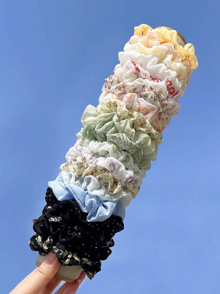 20个彩色雪纺发圈，夏季沙滩婚礼配饰 - 粉色和红色花朵发圈，马尾辫发绳，发圈，发饰，弹性发带，美发家居配饰，发圈，节日，派对