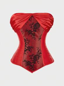 Corset Top Strapless Corset Bodyshaper Bustier Lingerie Satin Lace Up Boned Corset Vintage Corsets For Women - Đỏ - Xem 1