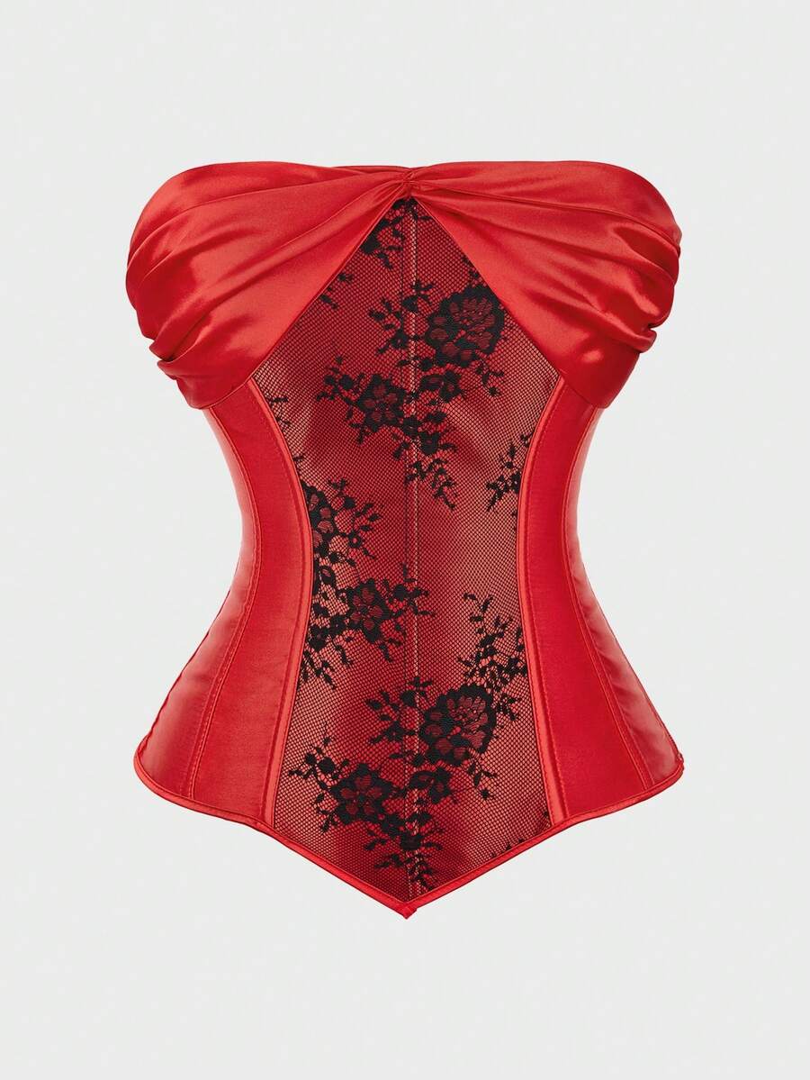 Corset Top Strapless Corset Bodyshaper Bustier Lingerie Satin Lace Up Boned Corset Vintage Corsets For Women - Đỏ - Xem 1