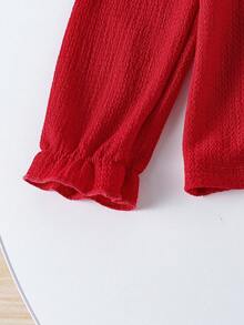 مجموعة من قطعتين: ملابس علوية بأكمام طويلة جميلة مزينة بفيونكة وبنطال جينز للفتيات الصغيرات، ملائمة لفصلي الربيع والخريف - الأحمر - مشاهدة 4