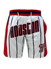 Größe 34 Herren gestreifte Basketball Shorts mit gesticktem Houston Buchstaben, klassische Retro Sportshorts mit Taschen, geeignet für Basketball, Baseball, Golf, tägliches Training, Laufen, Strand