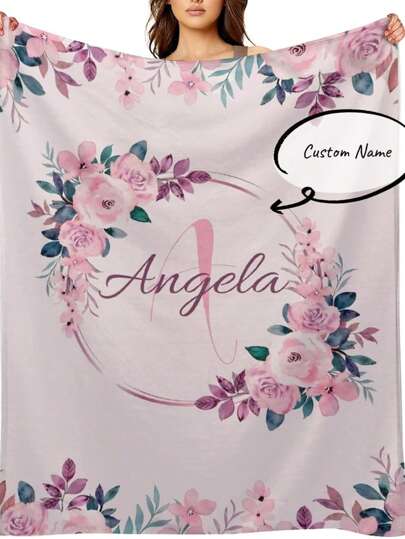 1Pc Custom Name Pink Floral Flannel Blanket - Soft & Warm For Couch, Bed, Travel, Camping | Machine Washable Digital Print Throw, Durable, Breathable, Lightweight, Washable, Funny, Cute, Love, Soft, Comfortable, Elegant, Simple, Custom, Personalized, Him, Dad, Mom, Family, Friends, For Anniversaries, For Mother's Day, For Birthdays
