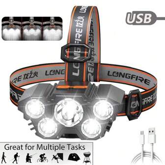 1PC USB Rechargeable Headlamp High Lumen Bright Head Lamp With 5 LED Headlight 4 Mode IPX4 Waterproof Head Flashlight Head Light