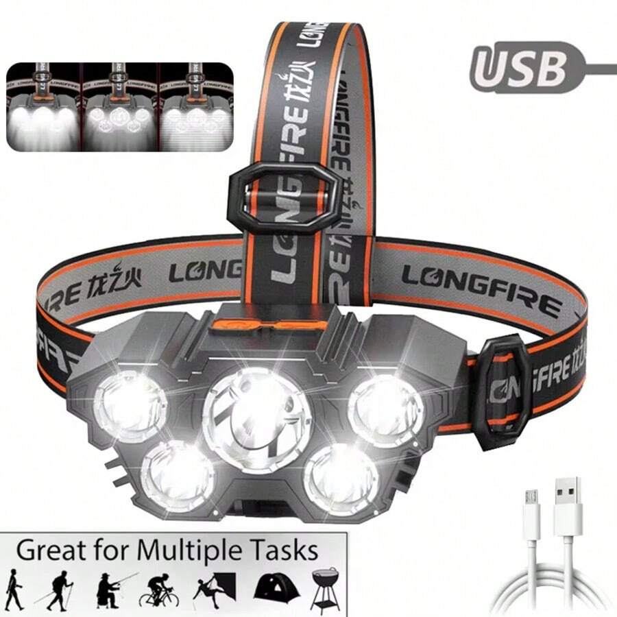 1PC USB Rechargeable Headlamp High Lumen Bright Head Lamp With 5 LED Headlight 4 Mode IPX4 Waterproof Head Flashlight Head Light